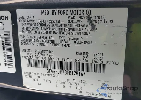 2015 Ford Fusion Se z USA, uszkodzony, nr VIN 3FA6P0H78FR128167